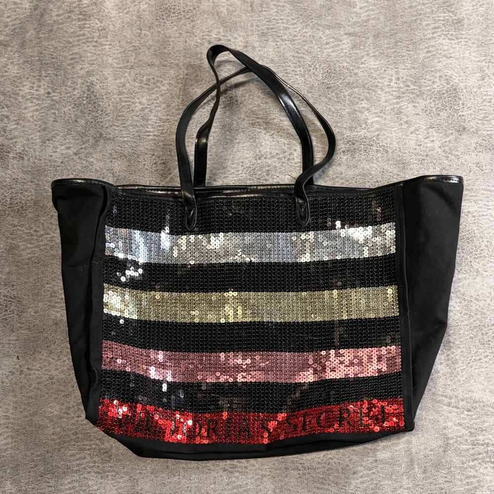 Black Victorias Secret Sequin Striped Tote Bag